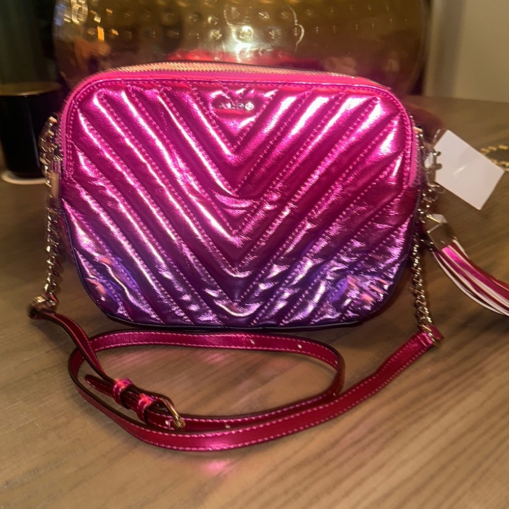 Aldo Pink & Purple Metallic Quilted Crossbody Bag with Chain Strap